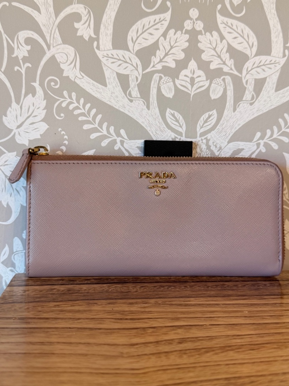Prada Blush Taupe Saffiano Leather L Zip Around Wallet Gold Hardware